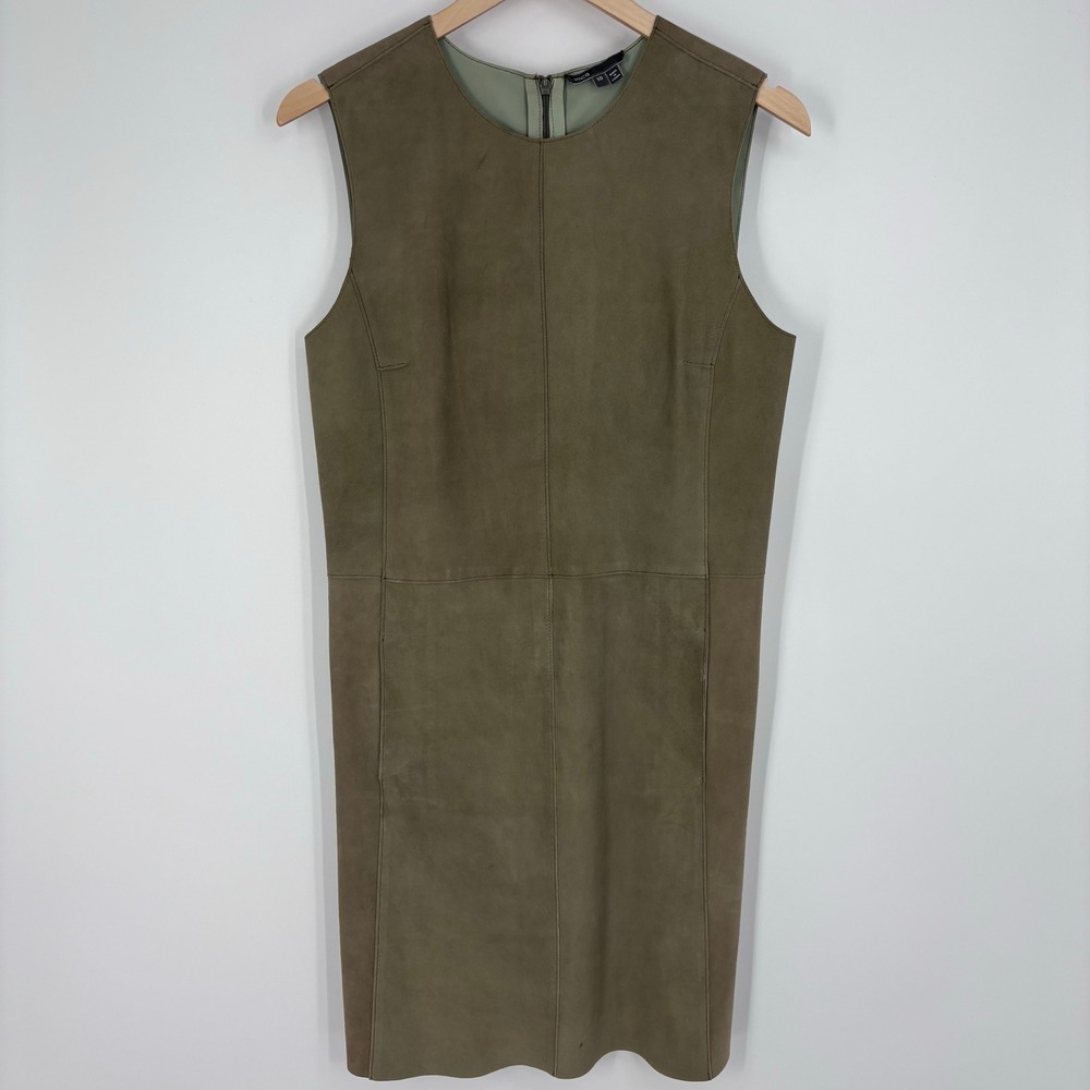 Vince 100% Lamb Leather Suede Shift Dress Womens 10 Olive Green Mini